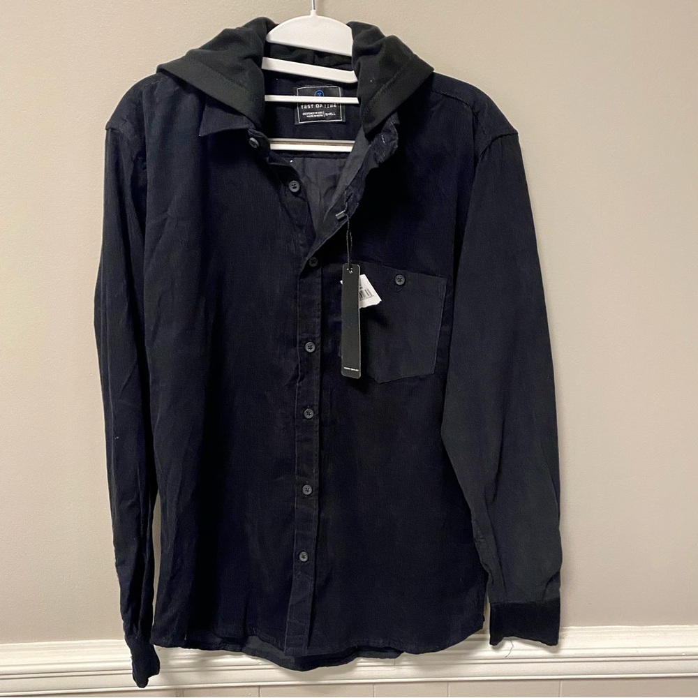 Test Of Time Sz S Men’s Black Corduroy Shirt W/ Hood NWT